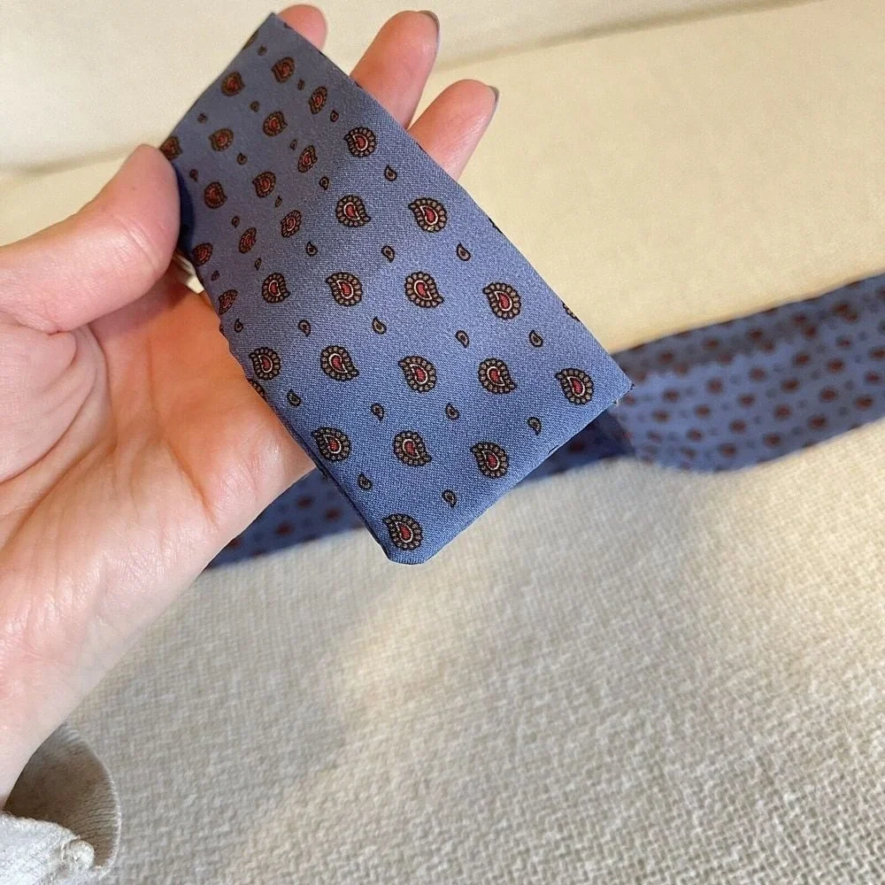 Vintage Groovy Mcm Patterned Tie Hair Neck‎ Scarves 2x48 Blue Paisley 70s Chic